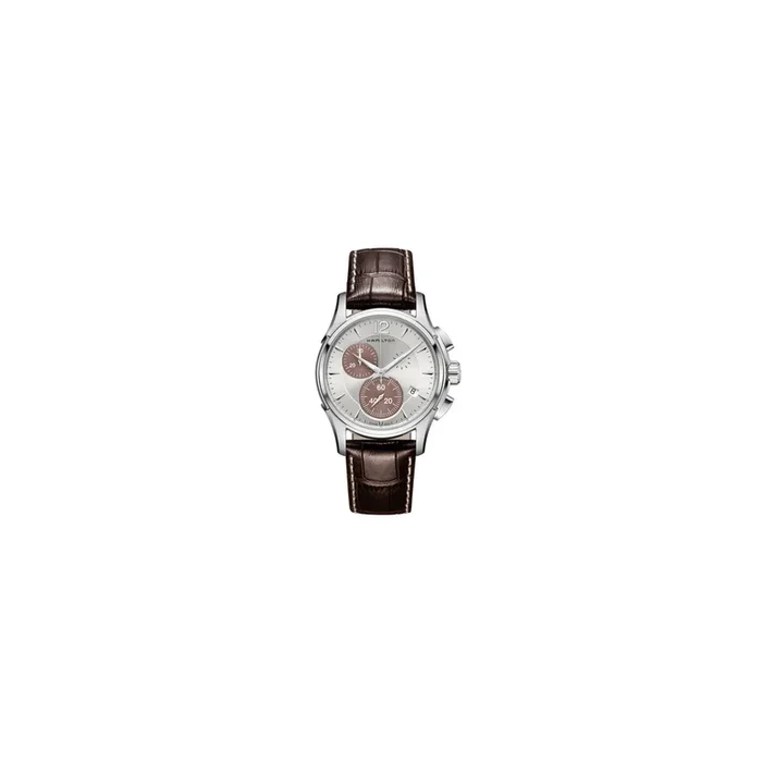 Montre Hamilton Jazzmaster Chrono quartz cadran argenté bracelet cuir brun façon alligator 42 mm
