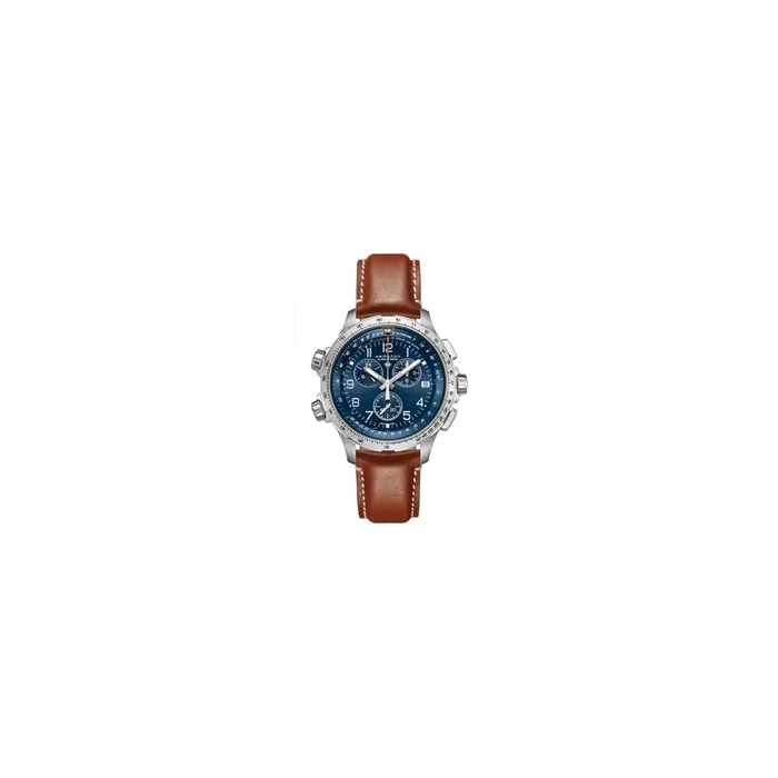 Montre Hamilton Khaki Aviation X-Wind GMT quartz cadran bleu bracelet cuir brun 46 mm