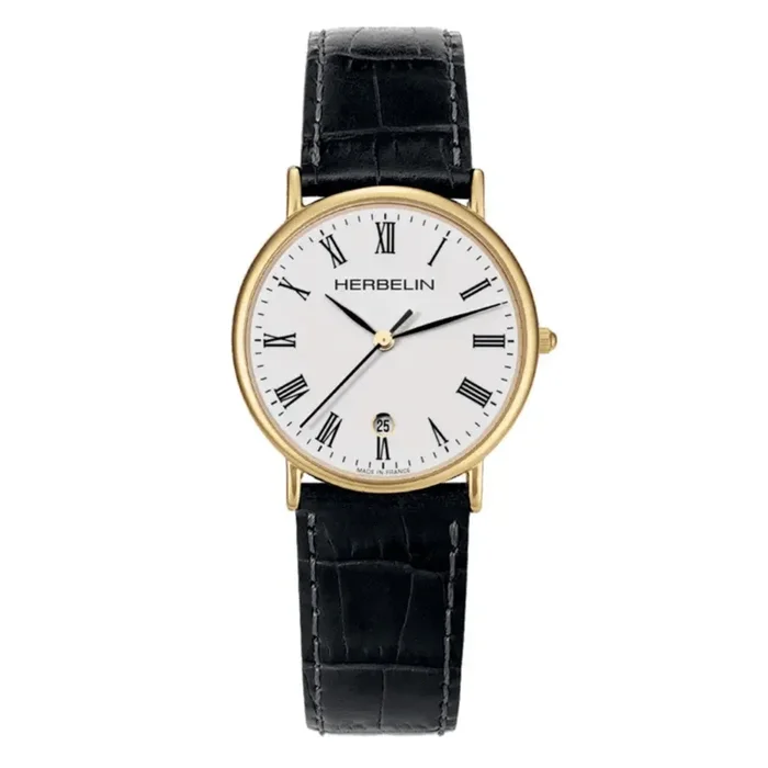 Montre homme Herbelin Classiques PVD jaune bracelet cuir noir – Lepage