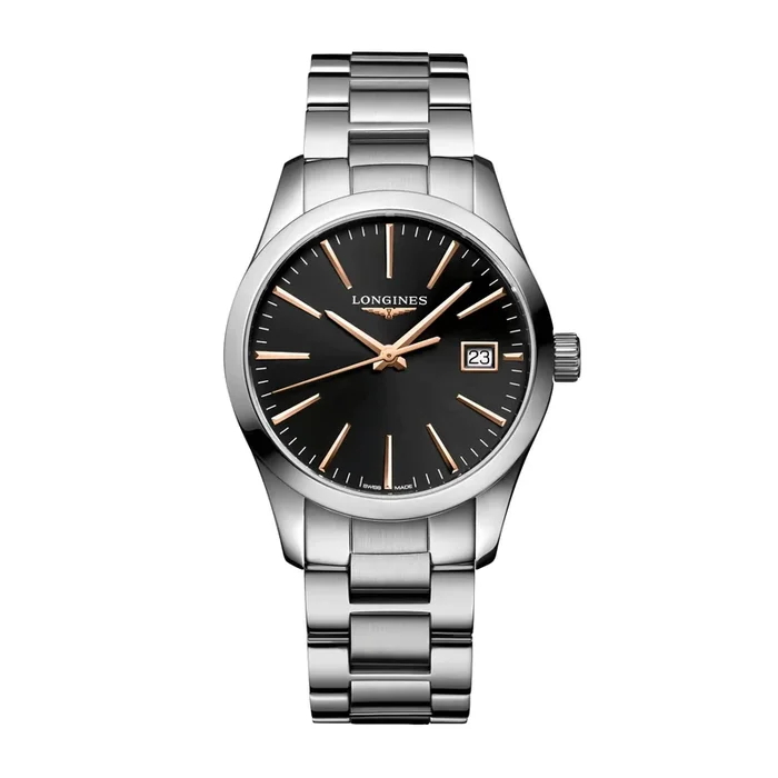 Montre Longines Conquest Classic quartz cadran noir bracelet acier 34 mm