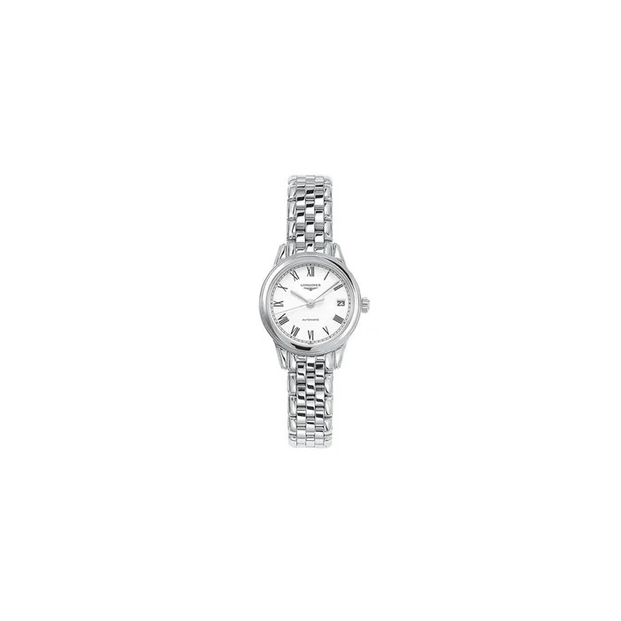 Montre Longines Flagship automatique cadran blanc chiffres romains bracelet acier 5 maillons 26 mm