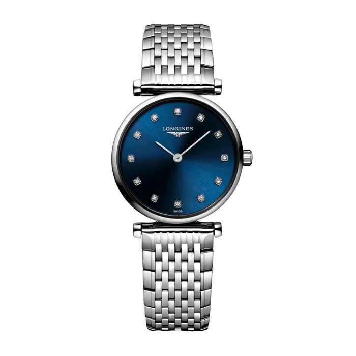 Montre Longines La Grande Classique quartz cadran bleu index diamants bracelet acier 24 mm