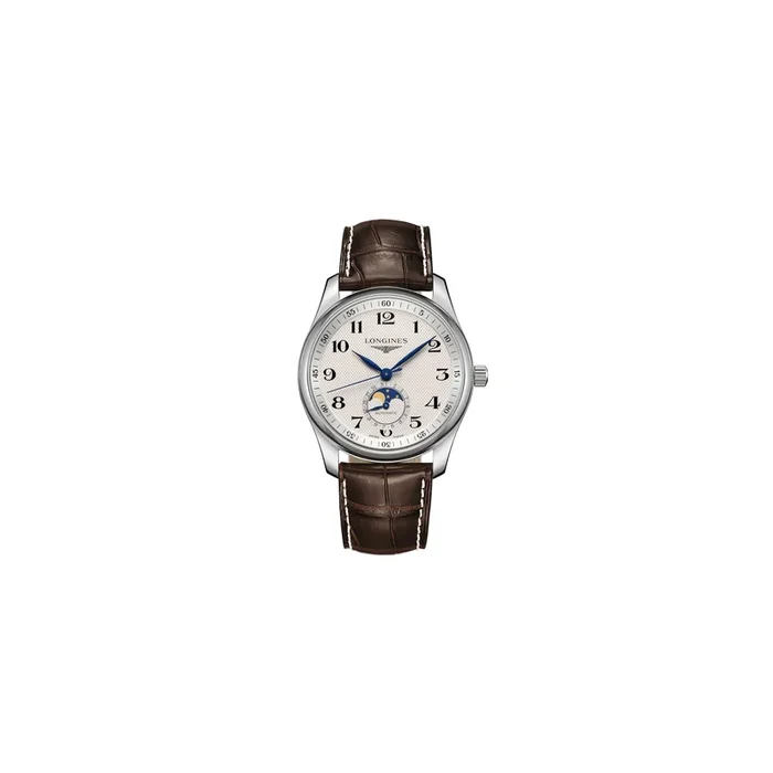 Montre Longines Master Collection automatique cadran argenté phases de lune bracelet cuir brun 40 mm