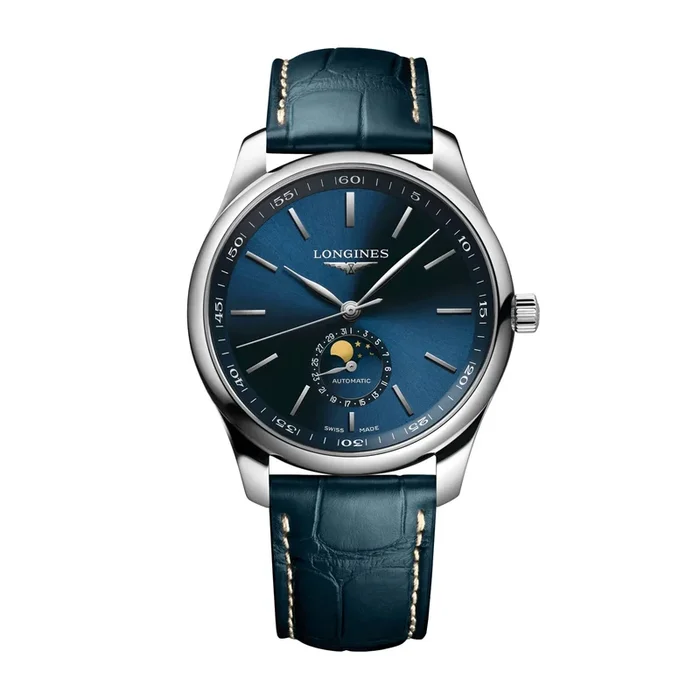 Montre Longines Master Collection automatique cadran bleu phases de lune bracelet cuir bleu 42 mm