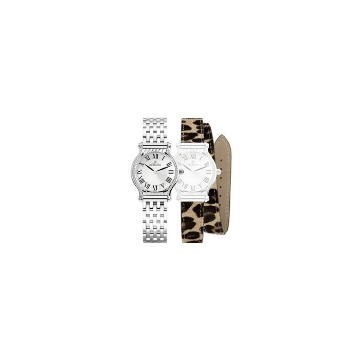 Montre Michel Herbelin Coffret Antarès quartz cadran argenté lunette sertie bracelets acier et léopard 30 mm