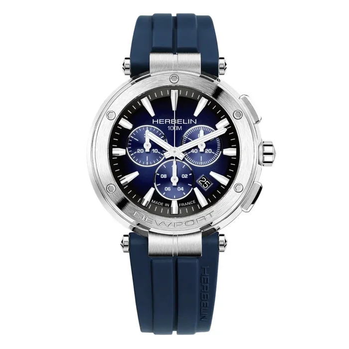 Montre Michel Herbelin Newport Chrono quartz cadran bleu bracelet caoutchouc bleu 43 mm