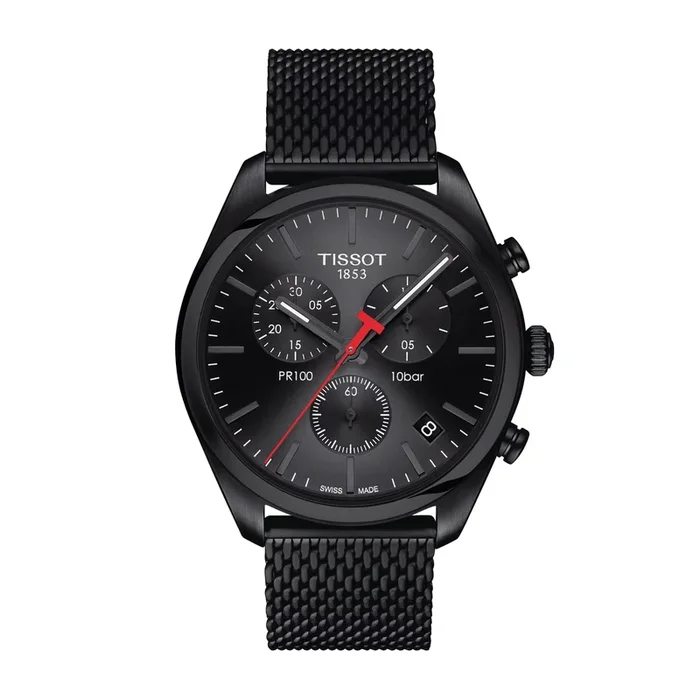 Montre Tissot T-Classic PR 100 quartz chronographe cadran noir bracelet maille milanaise noire 41 mm