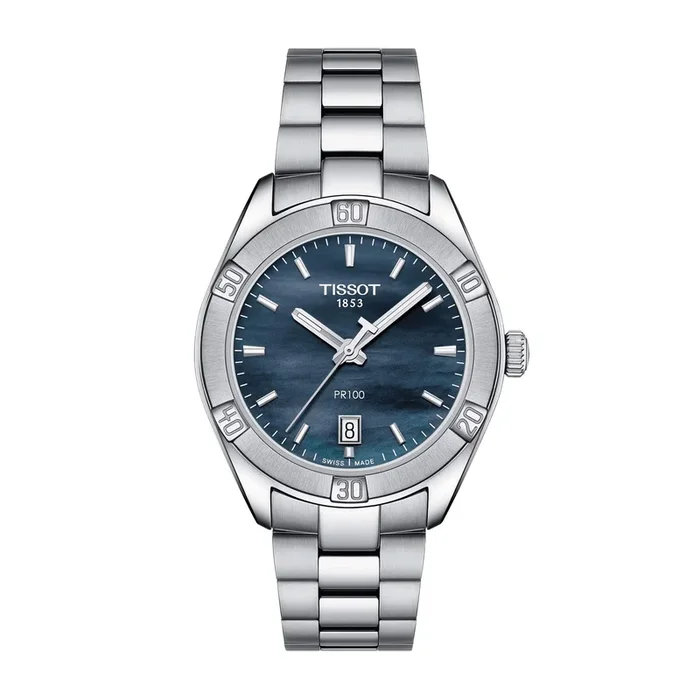 Montre Tissot T-Classic PR 100 Sport Chic Lady cadran nacre noire bracelet acier 36 mm