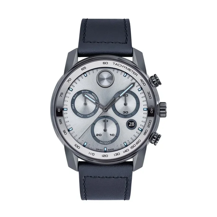 Movado BOLD Verso with 44MM Chrono Dial and Navy Blue Leather Strap. 3600909