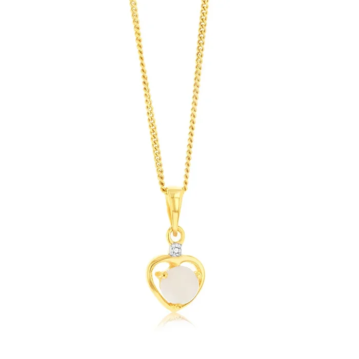 Natural Round 5mm Opal Heart Shaped Diamond Pendant in 9ct Yellow Gold