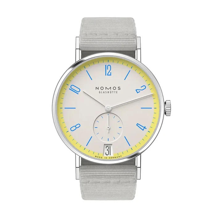 Nomos Tangente 38 Date Lemonbiscuit watch – Limited 175-year mechanical edition grey 37.5 mm – Lepage textile bracelet