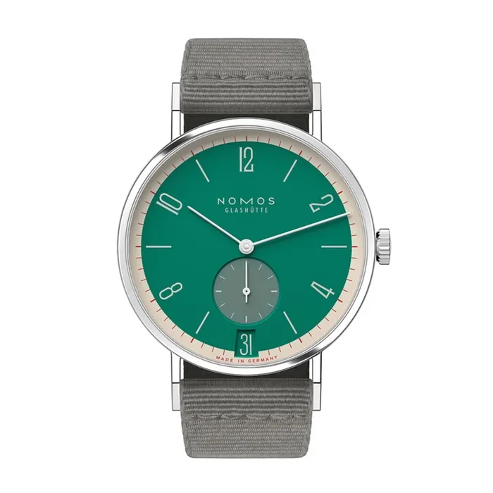 Nomos Tangente 38 Date Schlossgrün watch – Limited 175 years mechanical grey textile bracelet 37.5 mm – Lepage