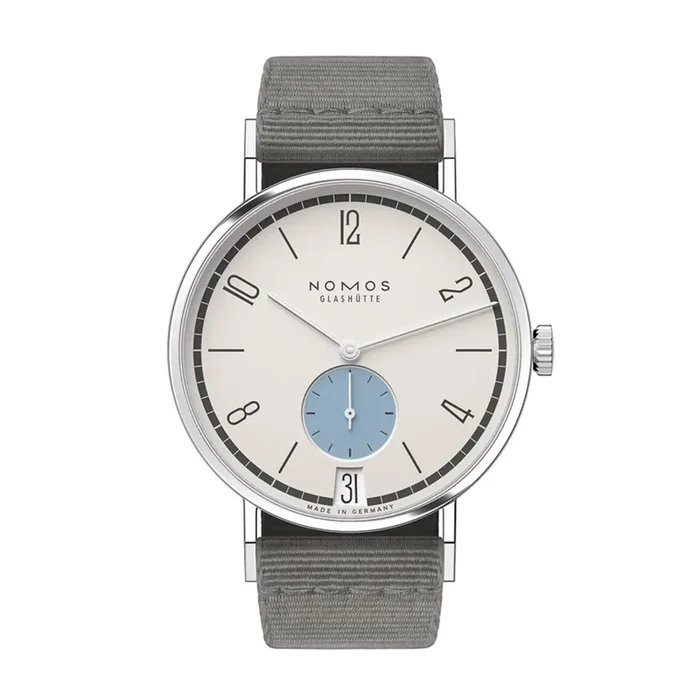 Nomos Tangente 38 Date Schneesturm watch – Limited edition 175 years mechanical grey textile bracelet 37.5 mm – Lepage