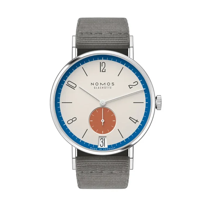 Nomos Tangente 38 Date Zirkus watch – Limited 175 years mechanical grey textile bracelet 37,5 mm | Lepage