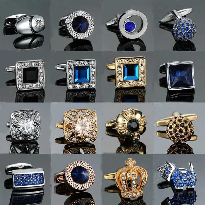 Novelty Luxury Blue white Cufflinks for Mens Brand High Quality crown Crystal gold silver Cufflinks Shirt Cuff Links