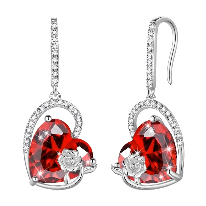Ohrringe aus 925er Sterlingsilber, Herz, Geburtsstein Januar, Hakenohrringe, baumelnde Ohrringe mit Granat und roter Blume, Schmuck, Geburtstagsgeschenk, Valentinstagsgeschenk