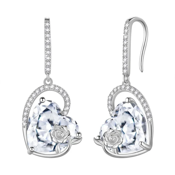 Ohrringe aus 925er Sterlingsilber, Herz-Ohrhänger mit Geburtsstein April, Diamant-Rosenblume, ideal als Brautschmuck, Geschenk für Mama zum Valentinstag oder für die Hochzeit.