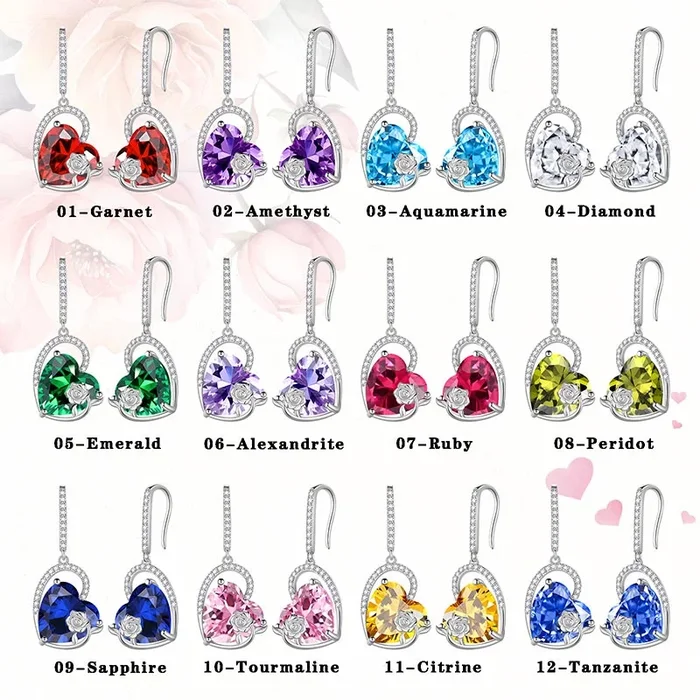 Ohrringe aus Sterlingsilber für Damen, mit Herz, Geburtsstein, Kristall, Rose, Schmuck für Mädchen, Geburtstag, Valentinstag, Weihnachtsgeschenk