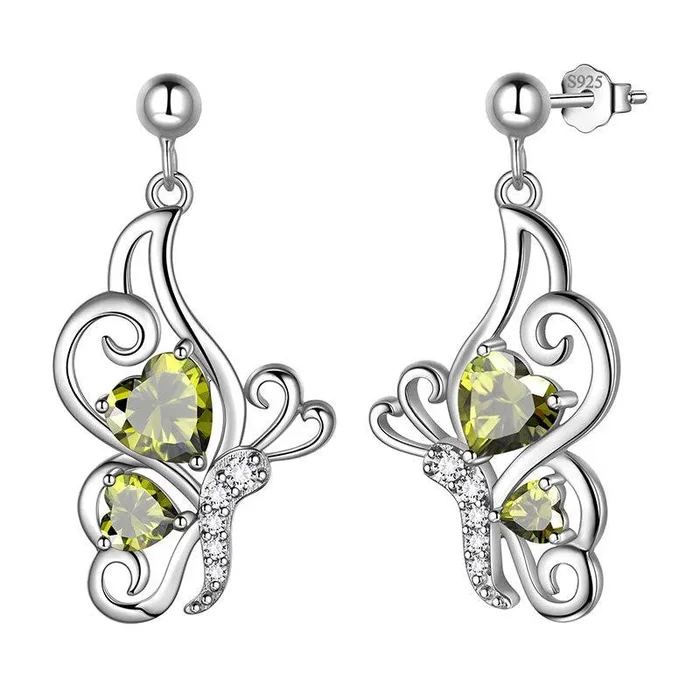Orecchini con peridoto di agosto con pietra portafortuna a forma di farfalla, gioielli da donna, regalo di compleanno, argento sterling