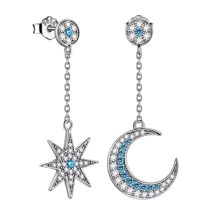 Orecchini pendenti asimmetrici da donna con luna celeste e stella in argento sterling 925