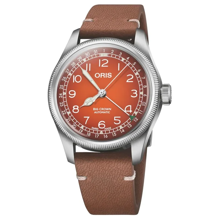 Oris X Cervo Volante Big Crown Pointer Date Automatic Watch with Orange Dial and Leather Strap, 40 mm 01 754 7785 4068-Set- Lepa
