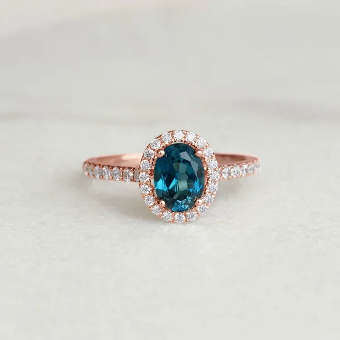 Oval London Blue Topaz Halo Ring Rose Gold – Suna