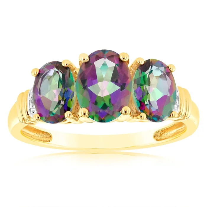 Oval Natural Enhanced Mystic Topaz and Diamond Trilogy Ring in 9ct Yellow Gold