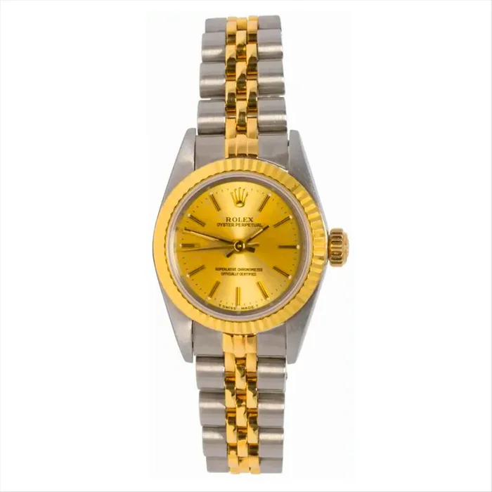 Oyster Perpetual 25 Tropical Champagne Dial with Engine Turn Bezel Jubilee Bracelet in 18-Karat Gold and Stainless Steel