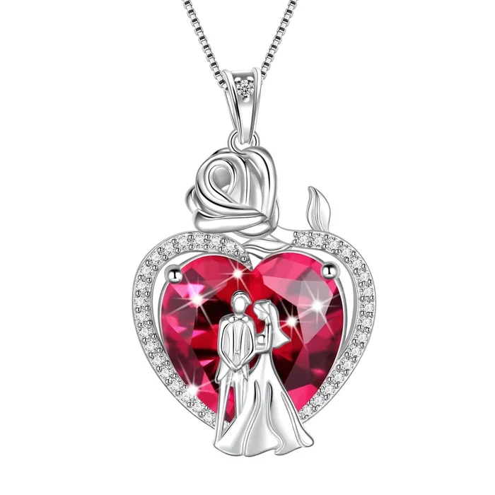 Partnerkette für Damen, 925er Sterlingsilber, 15 mm Herzanhänger mit Rosenmotiv (Geburtsstein Juli), ideal als Verlobungs- oder Hochzeitsgeschenk oder Valentinstagsgeschenk für Ehefrau/Freundin/Braut.