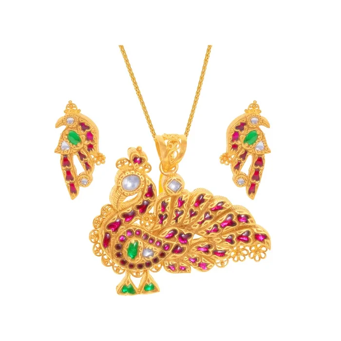 Peacock Antique Pendant Set With Kundan & Gemstones in 22K Gold