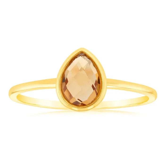 Pear Natural Citrine Ring in 9ct Yellow Gold