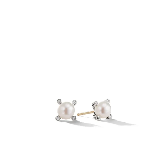 Pearl Stud Earrings in Sterling Silver with Pearls and Diamonds, 7.4mm