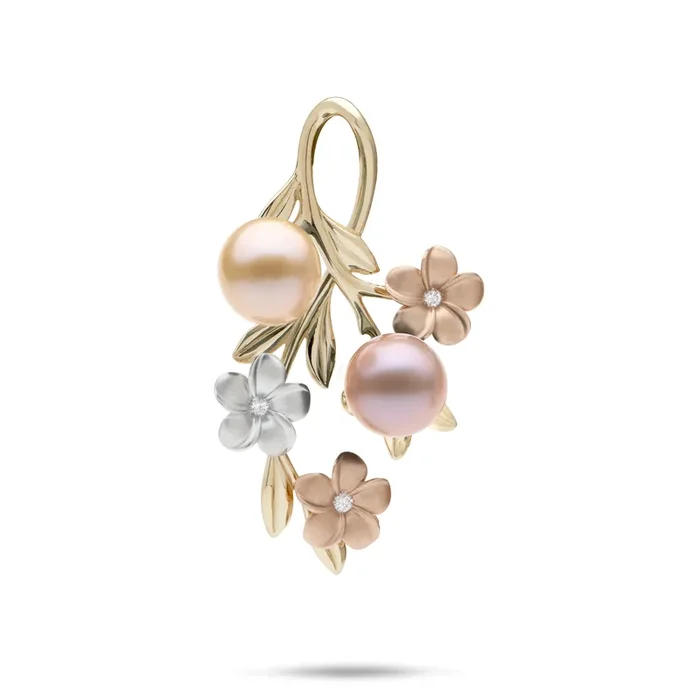 Pearls in Bloom Plumeria Freshwater Pearl Pendant in Tri Color Gold with Diamonds – 36mm
