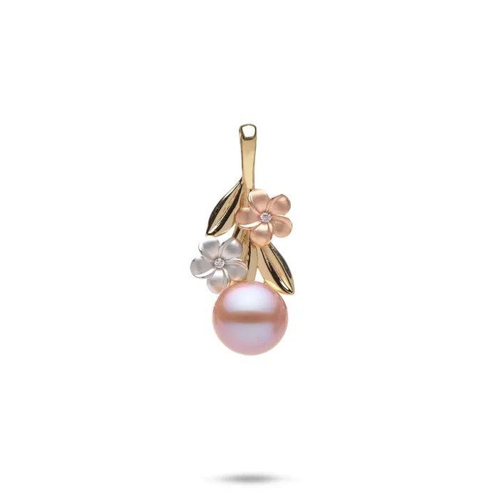 Pearls in Bloom Plumeria Lavender Freshwater Pearl Pendant in Tri Color Gold with Diamonds – 7-8mm