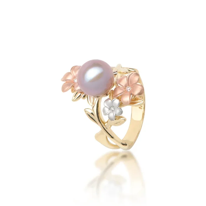 Pearls in Bloom Plumeria Lavender Freshwater Pearl Ring in Tri Color Gold with Diamonds – 22mm