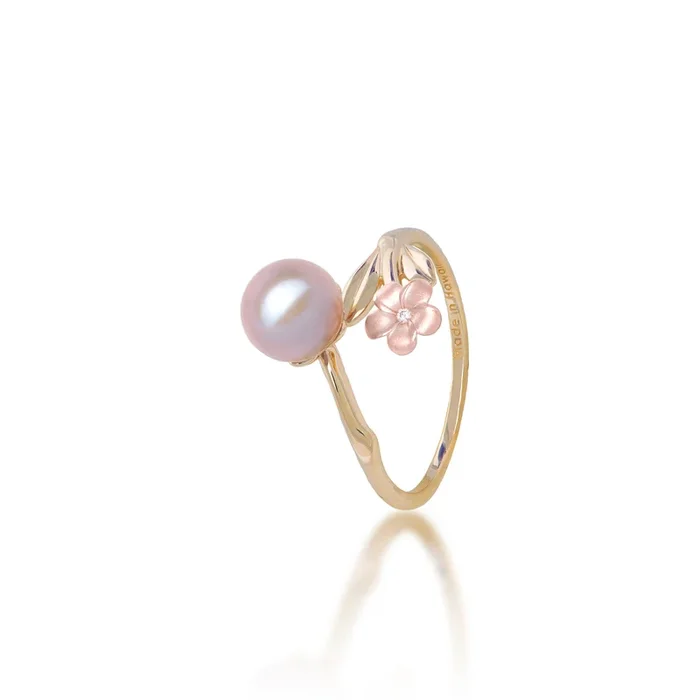 Pearls in Bloom Plumeria Lavender Freshwater Pearl Ring in Two Tone Gold with Diamond – 7-8mm