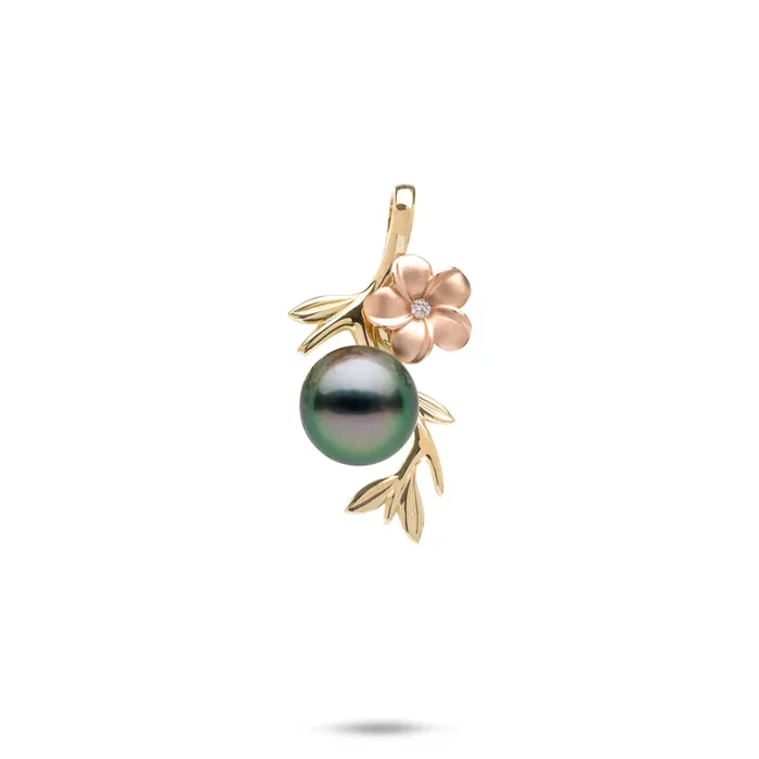 Pearls in Bloom Plumeria Tahitian Black Pearl Pendant in Two Tone Gold with Diamond – 25mm