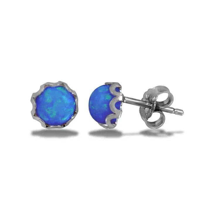 Pendiente de botón redondo de ópalo sintético azul en plata de ley 925 rodiada – SCE00001-BLU
