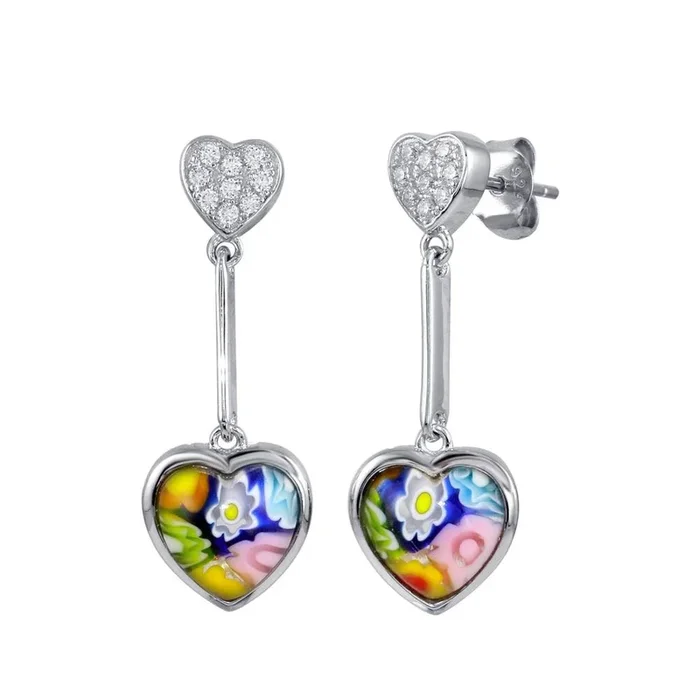 Pendiente de corazón de cristal de Murano con circonitas cúbicas en plata de ley 925 rodiada – ME00002