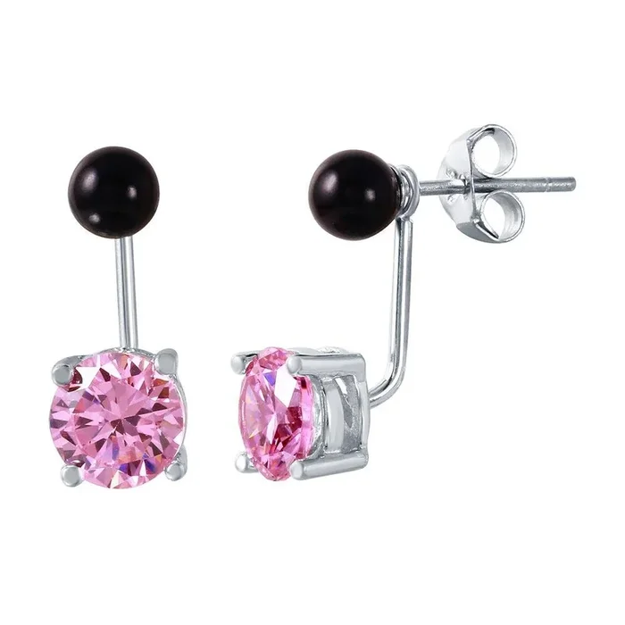 Pendiente de plata de ley 925 con piedra natal, perla sintética negra y circonita rosa, parte delantera y trasera – STE00999OCT