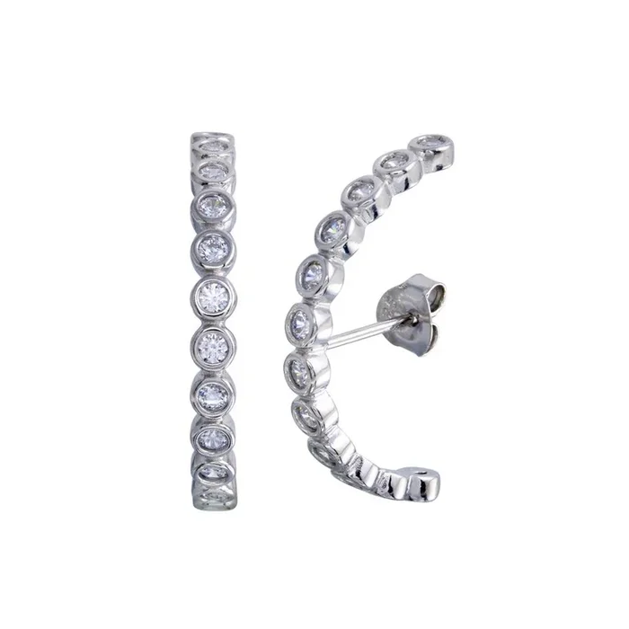 Pendiente de plata de ley 925 rodiada con circonita cúbica transparente de medio círculo – BGE00692