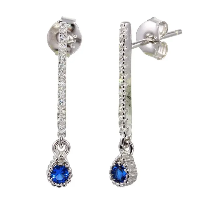 Pendientes colgantes de barra de circonita azul en plata de ley 925 rodiada – BGE00557BLU