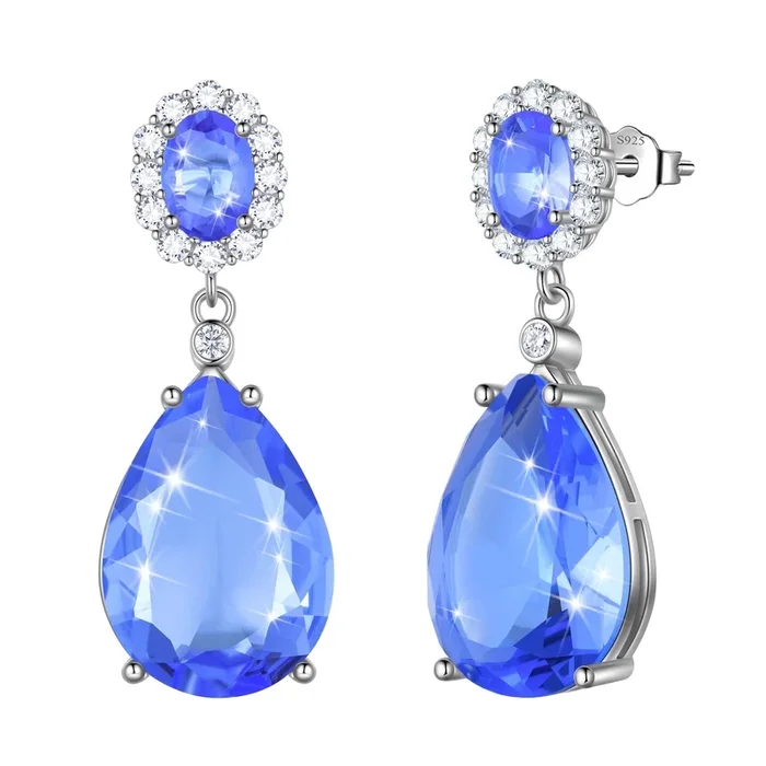Pendientes colgantes de plata de ley 925 para mujer, de 10 quilates, con tanzanita azul en forma de lágrima y piedra de nacimiento de diciembre. Joyas de plata de ley 925. Regalo para el día de San Valentín o Navidad.