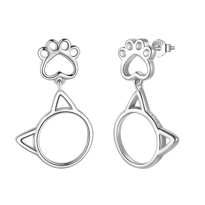 Pendientes con forma de pata y cara de gato, joyería para mujeres y niñas, Plata de Ley 925