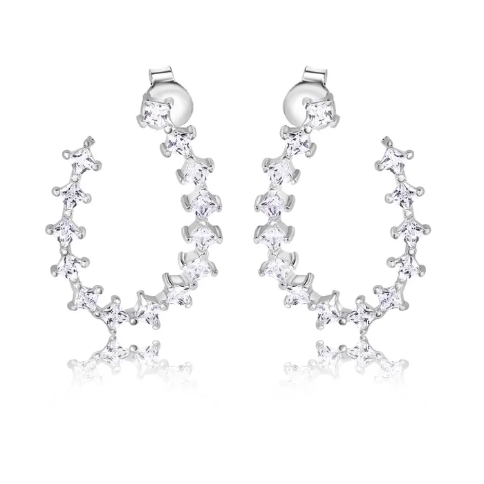 Pendientes de aro con corte cuadrado y circonitas transparentes en plata de ley 925 rodiada – BGE00747