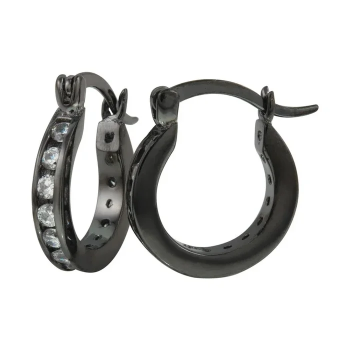 Pendientes de aro de 10 mm de plata de ley 925 con baño de rodio negro – AAE00005BLK-10MM