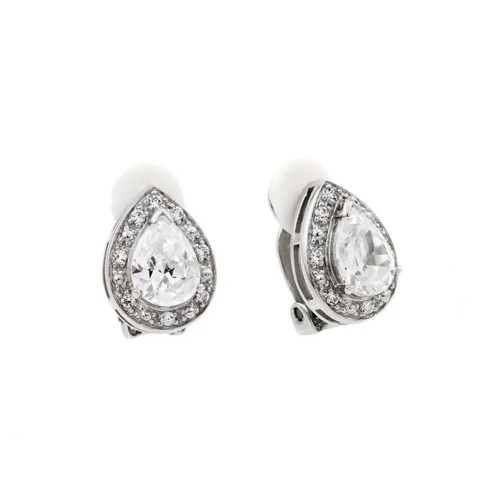Pendientes de tuerca con circonita transparente en forma de lágrima chapada en rodio de plata 925 – STE00724