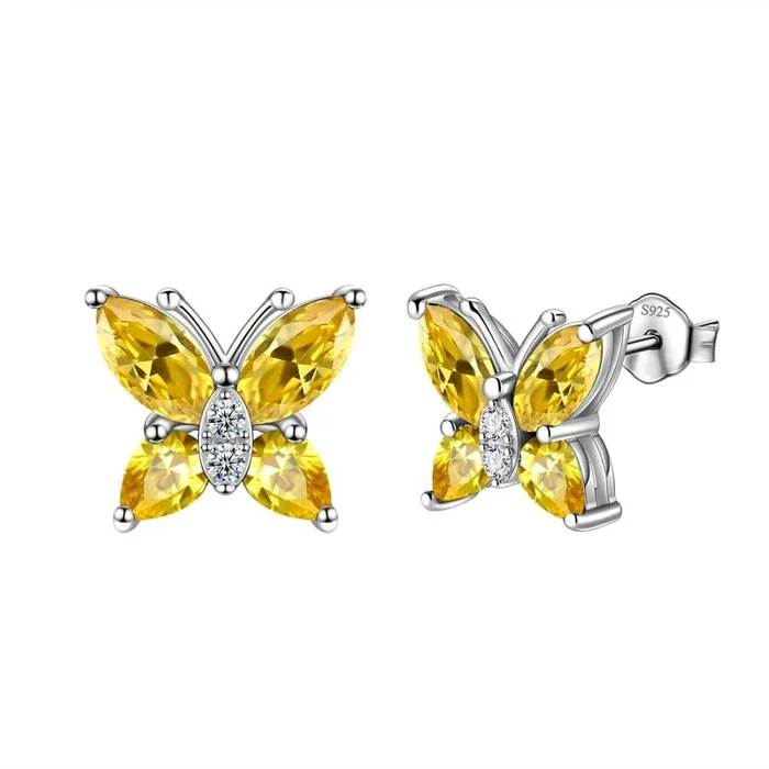 Pendientes de tuerca para mujer, piedra natal de mariposa, citrino de noviembre, joyería para niñas, regalo de cumpleaños