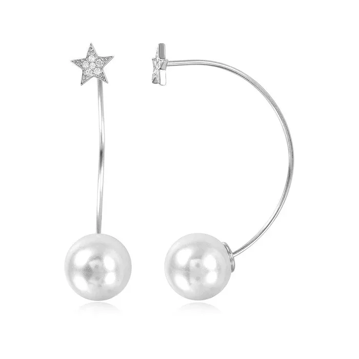 Pendientes Estrella Plata 925 Rodiada con Perla Sintética Colgante – STE01050