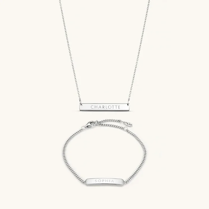Personalised Matching Set 3cm Precious Letter Bar & Engraved Bracelet in Silver
